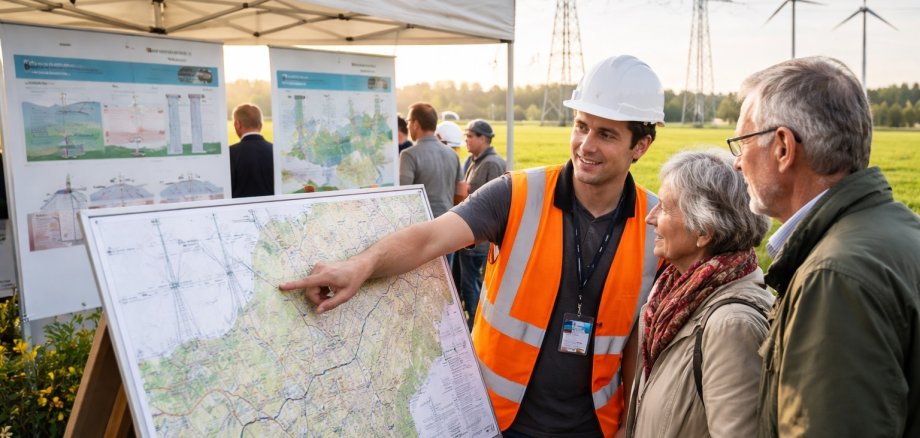 KI-generiertes Bild Ein Mitarbeiter eines Energieunternehmens erläutert zwei Bürgern bei einer Informationsveranstaltung im Freien anhand einer Karte den geplanten Verlauf einer Stromtrasse. Im Hintergrund sind Informationstafeln, Hochspannungsleitungen und Windenergieanlagen zu sehen.