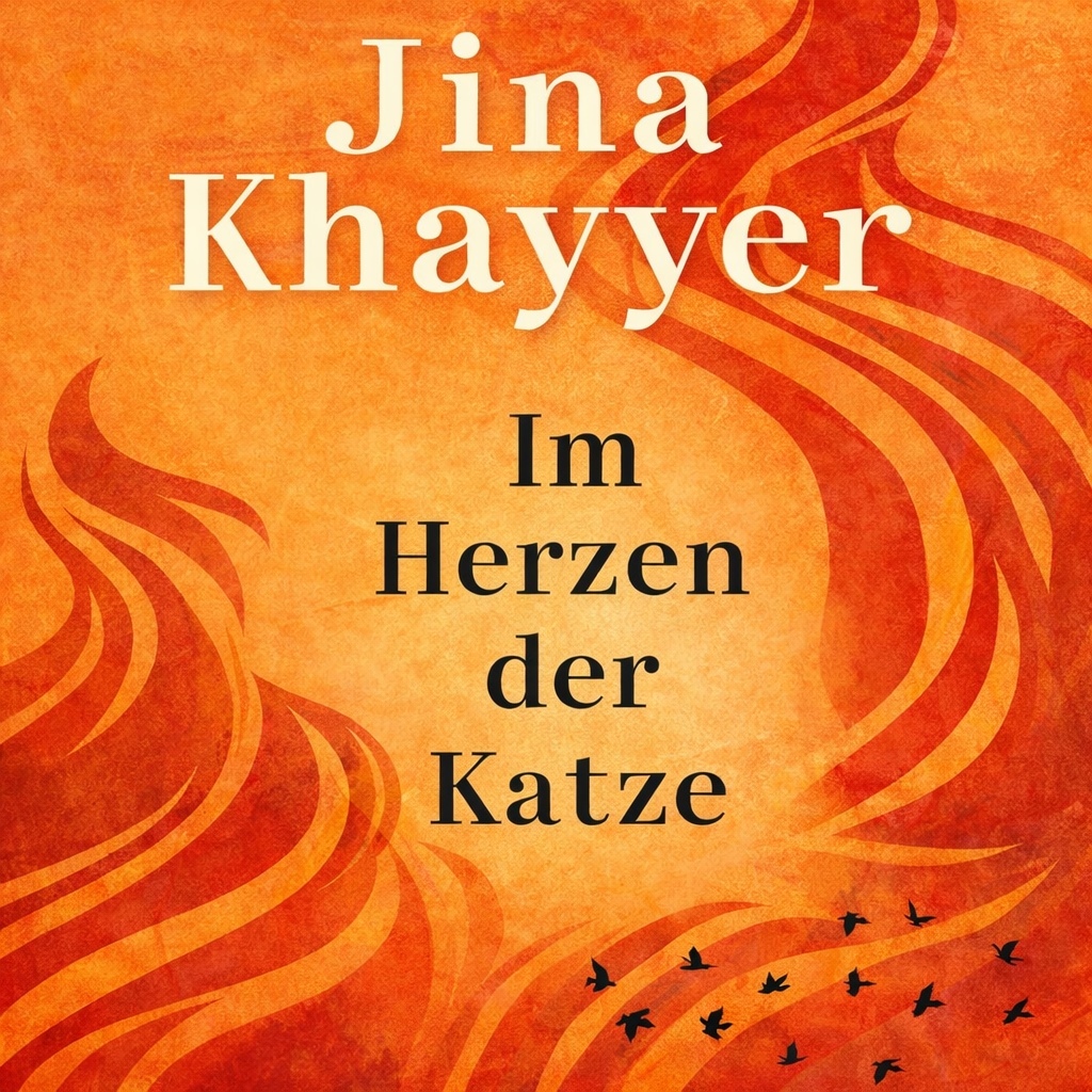 KI-generiertes Bild Illustratives Buchcover von „Im Herzen der Katze“ von Jina Khayyer: Orange-roter Hintergrund mit abstrakten Flammenmotiven, Titel und Autorinnenname in schwarzer Schrift.