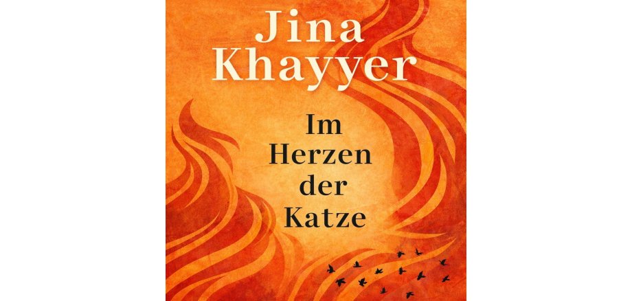 KI-generiertes Bild Illustratives Buchcover von „Im Herzen der Katze“ von Jina Khayyer: Orange-roter Hintergrund mit abstrakten Flammenmotiven, Titel und Autorinnenname in schwarzer Schrift.
