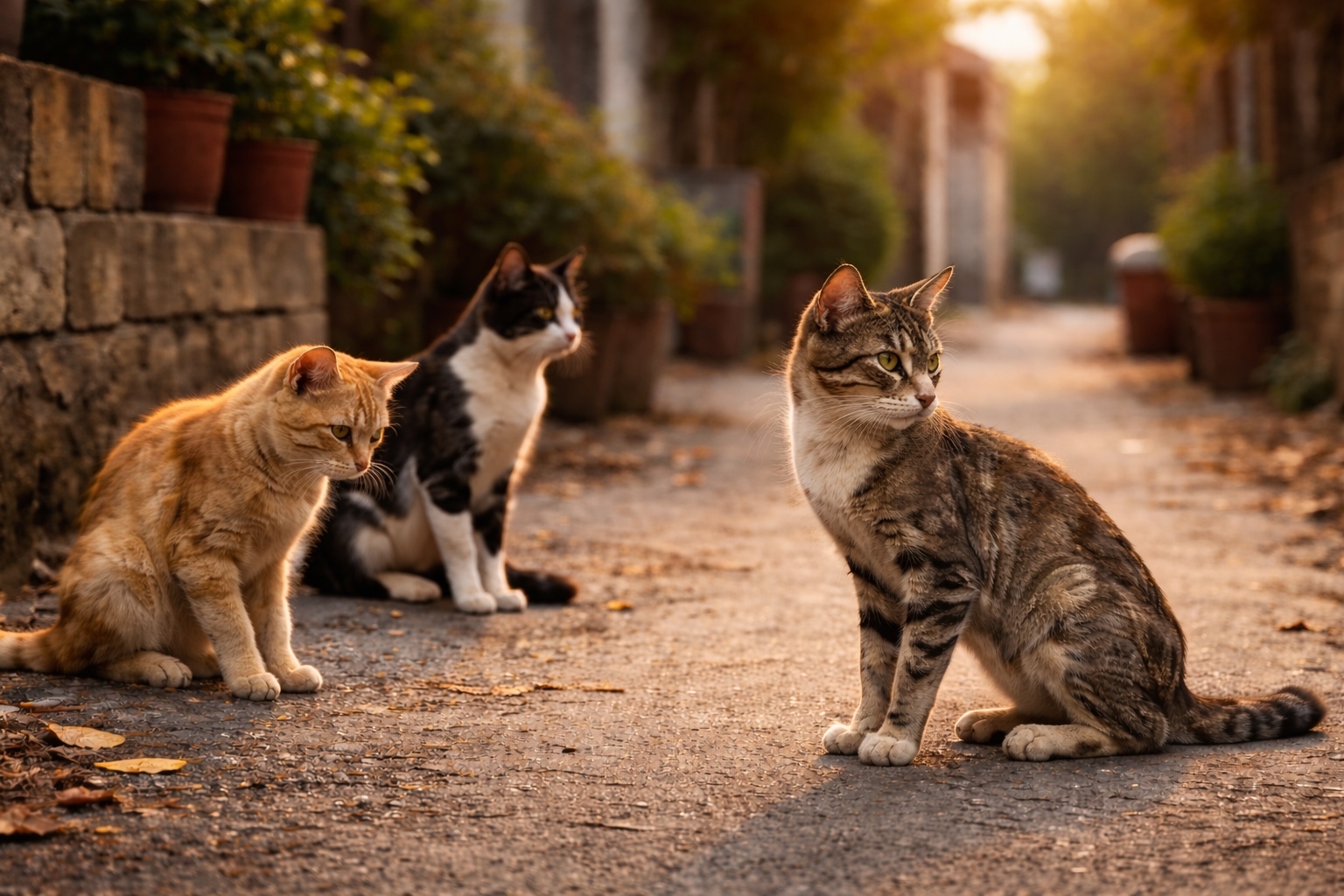 Drei schlanke, frei lebende Katzen sitzen in einer schmalen, sonnendurchfluteten Gasse. Eine getigerte Katze befindet sich im Vordergrund und blickt zur Seite. Links sitzt eine orangefarbene Katze mit gesenktem Kopf. Dahinter ist eine schwarz-weiße Katze zu sehen. Die Gasse ist von Steinwänden und Pflanzen gesäumt.