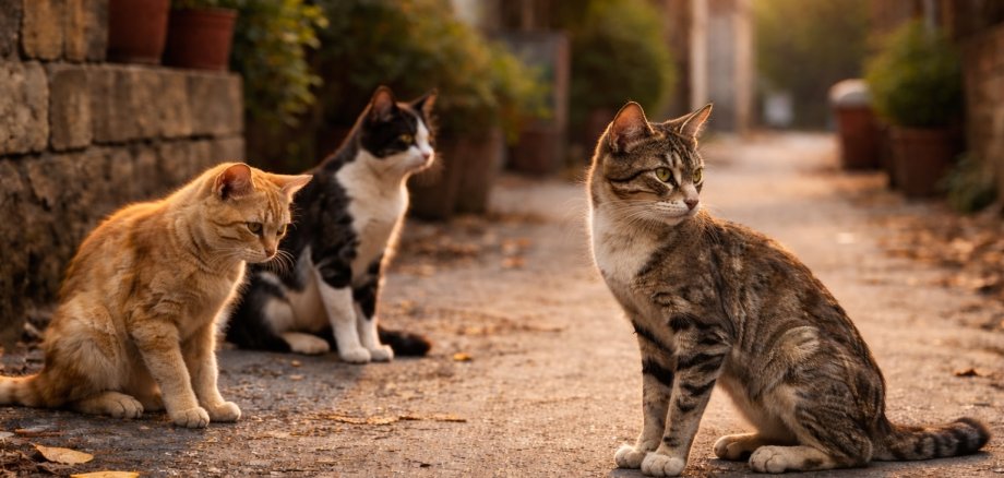 Drei schlanke, frei lebende Katzen sitzen in einer schmalen, sonnendurchfluteten Gasse. Eine getigerte Katze befindet sich im Vordergrund und blickt zur Seite. Links sitzt eine orangefarbene Katze mit gesenktem Kopf. Dahinter ist eine schwarz-weiße Katze zu sehen. Die Gasse ist von Steinwänden und Pflanzen gesäumt.