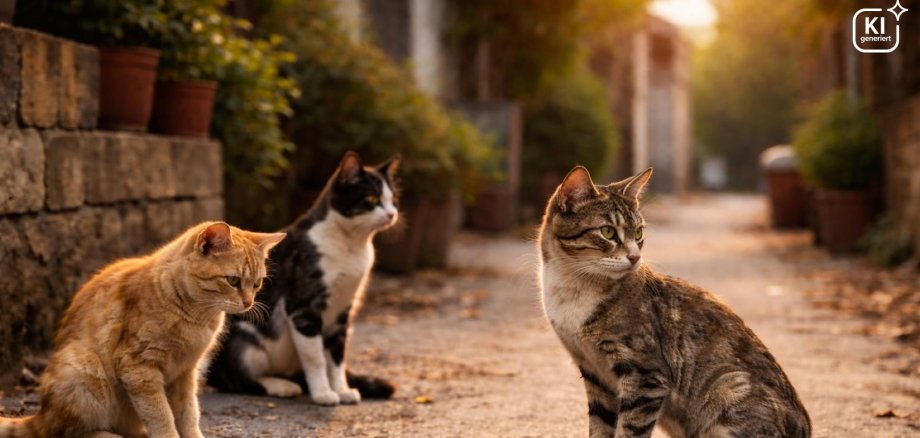Drei schlanke, frei lebende Katzen sitzen in einer schmalen, sonnendurchfluteten Gasse. Eine getigerte Katze befindet sich im Vordergrund und blickt zur Seite. Links sitzt eine orangefarbene Katze mit gesenktem Kopf. Dahinter ist eine schwarz-weiße Katze zu sehen. Die Gasse ist von Steinwänden und Pflanzen gesäumt.