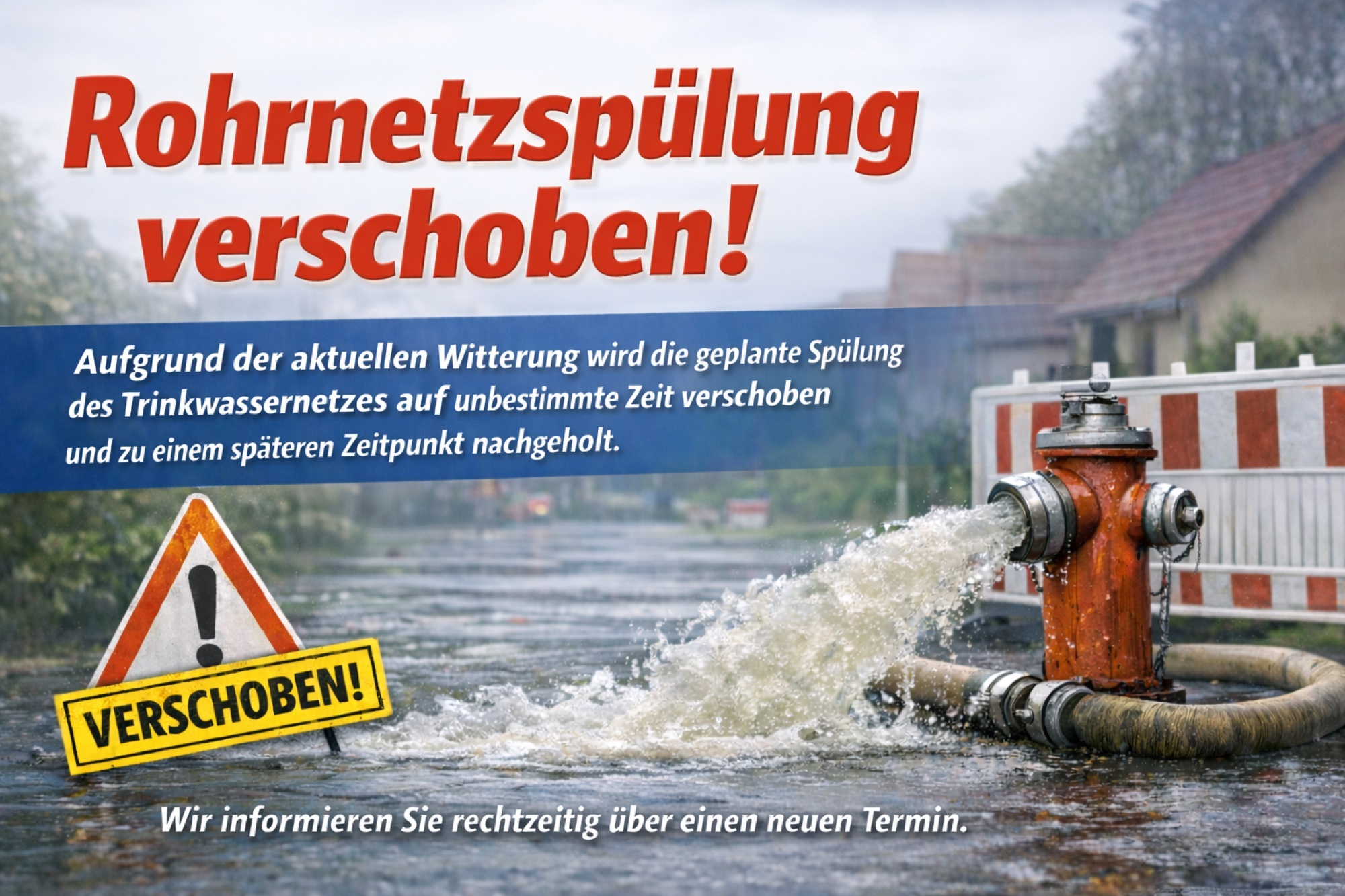 Hinweisgrafik: Rohrnetzspülung verschoben! Aufgrund der aktuellen Witterung wird die geplante Spülung des Trinkwassernetzes auf unbestimmte Zeit verschoben und zu einem späteren Zeitpunkt nachgeholt. Ein neuer Termin wird rechtzeitig bekannt gegeben.