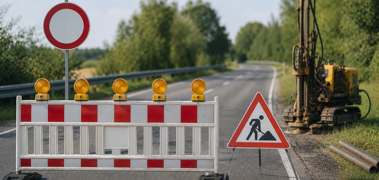 Absperrung einer Landstraße mit gelben Warnleuchten und Bohrgerät am Fahrbahnrand – Symbolbild für eine Vollsperrung aufgrund von Baugrunduntersuchungen.