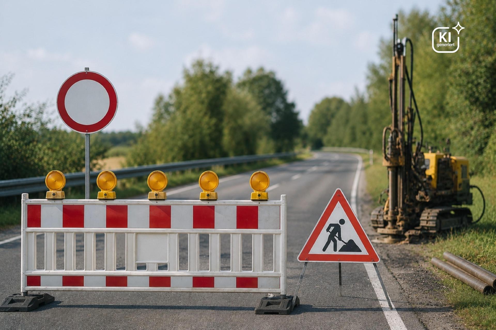Absperrung einer Landstraße mit gelben Warnleuchten und Bohrgerät am Fahrbahnrand – Symbolbild für eine Vollsperrung aufgrund von Baugrunduntersuchungen.