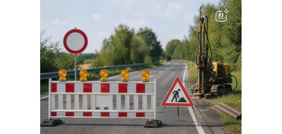 KI-Generiert Absperrung einer Landstraße mit gelben Warnleuchten und Bohrgerät am Fahrbahnrand – Symbolbild für eine Vollsperrung aufgrund von Baugrunduntersuchungen.