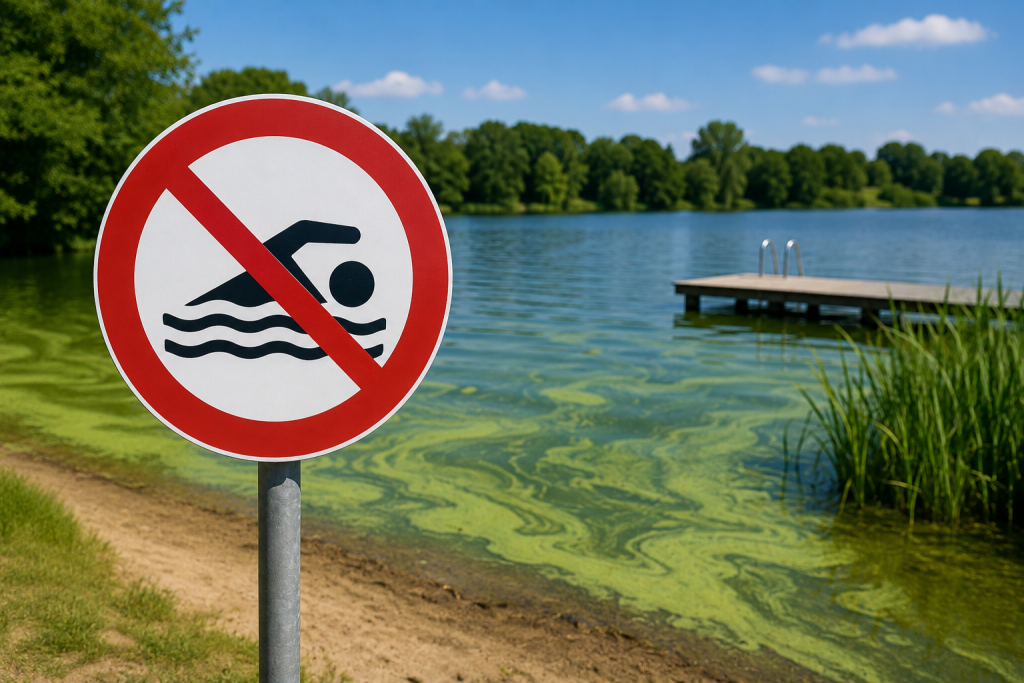 Ein Badeverbotsschild steht am Ufer eines Sees. Im flachen Wasser sind grünliche Blaualgen deutlich zu erkennen. Im Hintergrund befinden sich ein Badesteg und ein bewaldetes Ufer bei sonnigem Wetter. Das Bild weist auf ein vorübergehendes Badeverbot wegen Blaualgen hin.