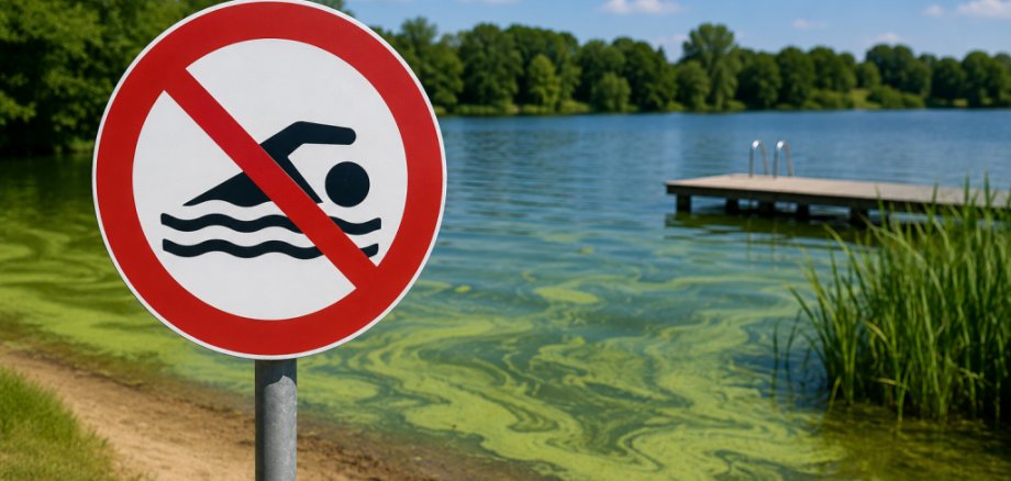 KI-generiertes Bild Ein Badeverbotsschild steht am Ufer eines Sees. Im flachen Wasser sind grünliche Blaualgen deutlich zu erkennen. Im Hintergrund befinden sich ein Badesteg und ein bewaldetes Ufer bei sonnigem Wetter. Das Bild weist auf ein vorübergehendes Badeverbot wegen Blaualgen hin.