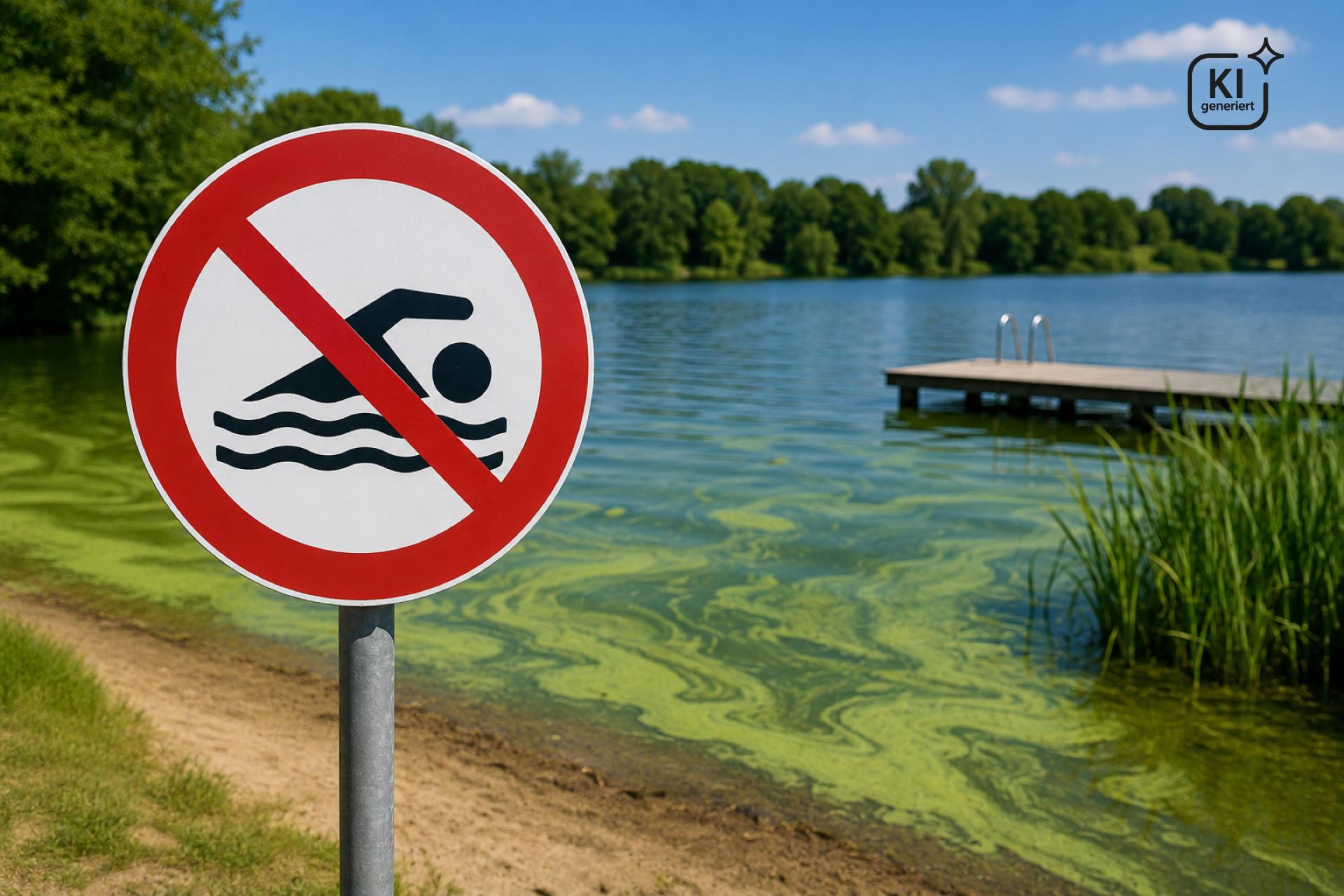 Ein Badeverbotsschild steht am Ufer eines Sees. Im flachen Wasser sind grünliche Blaualgen deutlich zu erkennen. Im Hintergrund befinden sich ein Badesteg und ein bewaldetes Ufer bei sonnigem Wetter. Das Bild weist auf ein vorübergehendes Badeverbot wegen Blaualgen hin.