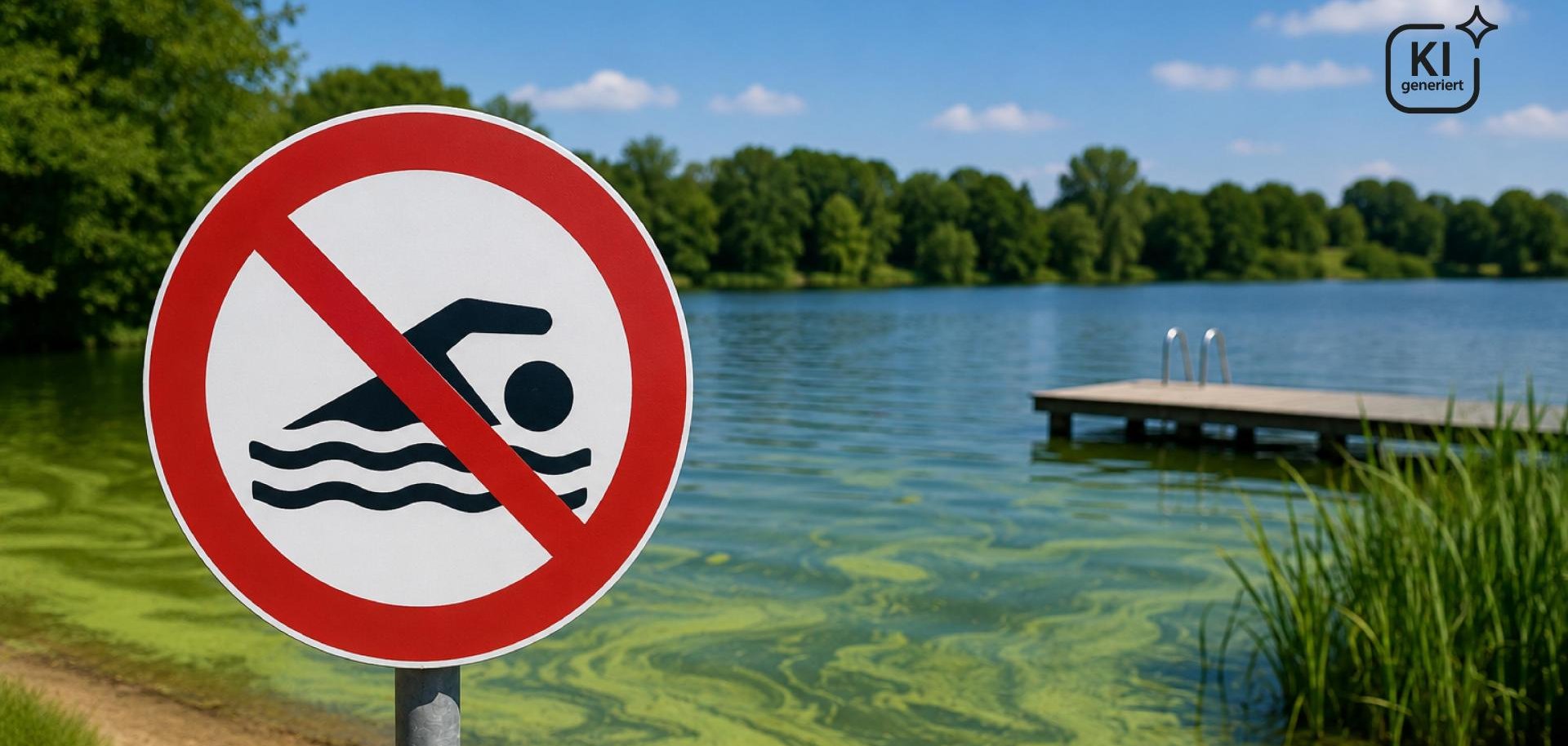 Ein Badeverbotsschild steht am Ufer eines Sees. Im flachen Wasser sind grünliche Blaualgen deutlich zu erkennen. Im Hintergrund befinden sich ein Badesteg und ein bewaldetes Ufer bei sonnigem Wetter. Das Bild weist auf ein vorübergehendes Badeverbot wegen Blaualgen hin.