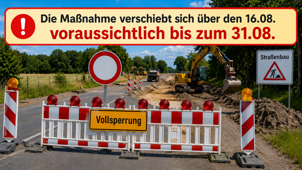 Symbolbild einer voll gesperrten Straße mit Baustelle und Baumaschinen. Die Sperrung erfolgt aufgrund von Straßenbauarbeiten zur Herstellung einer Linksabbiegerspur.