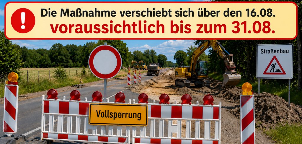 Symbolbild einer voll gesperrten Straße mit Baustelle und Baumaschinen. Die Sperrung erfolgt aufgrund von Straßenbauarbeiten zur Herstellung einer Linksabbiegerspur.