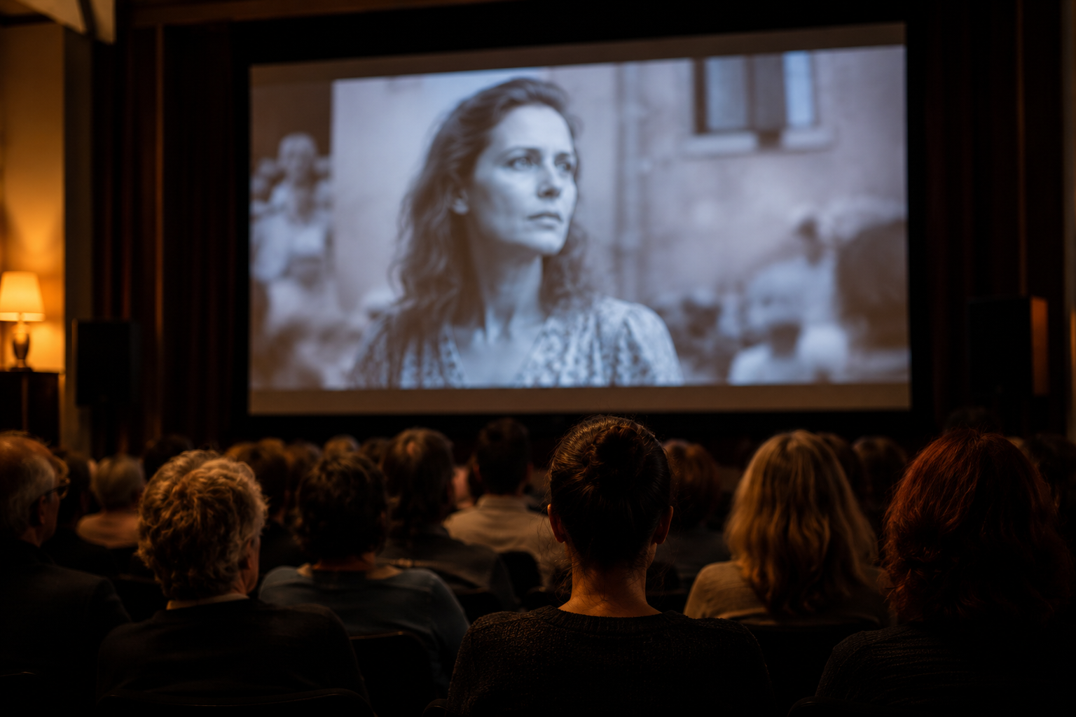 Besucherinnen und Besucher sitzen in einem Kinosaal und schauen auf eine große Leinwand, auf der eine Filmszene mit einer Frau gezeigt wird.