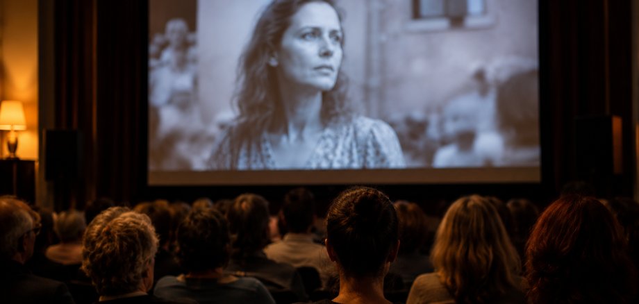 KI-generiertes Bild Besucherinnen und Besucher sitzen in einem Kinosaal und schauen auf eine große Leinwand, auf der eine Filmszene mit einer Frau gezeigt wird.