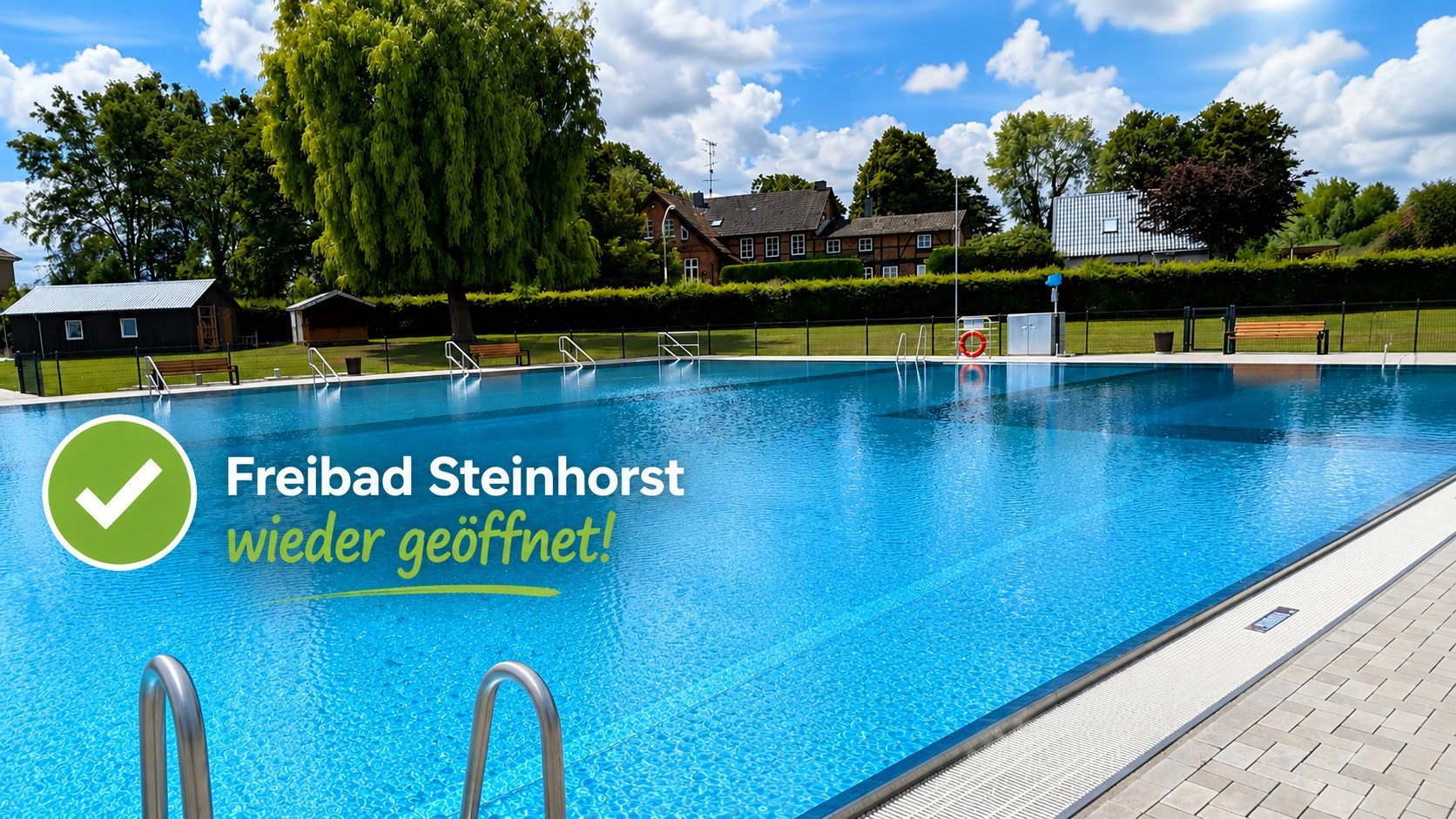 Blick über das Schwimmbecken des Freibads Steinhorst. Das Bild informiert darüber, dass das Freibad nach einer technischen Störung wieder geöffnet ist.