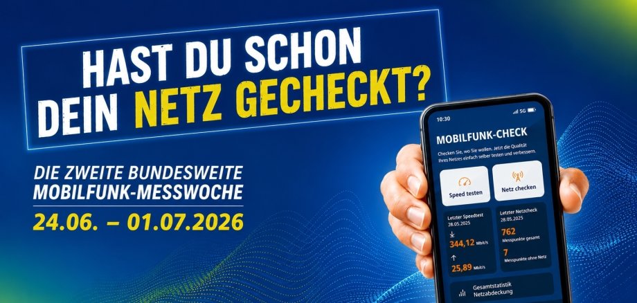 KI-generiertes Bild Aufruf zur Teilnahme an der bundesweiten Mobilfunk-Messwoche vom 24. Juni bis 1. Juli 2026. Die Grafik zeigt ein Smartphone mit einer App zur Messung von Mobilfunknetz und Datenübertragung.