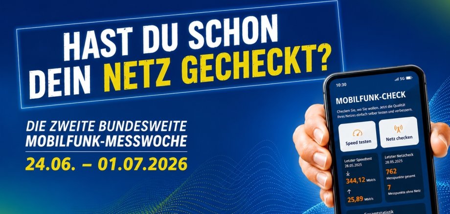Werbegrafik zur bundesweiten Mobilfunk-Messwoche 2026. Auf blau-grünem Hintergrund ist ein Smartphone mit der App „Mobilfunk-Check“ zu sehen. Daneben stehen die Texte „Hast du schon dein Netz gecheckt?“ sowie „Die zweite bundesweite Mobilfunk-Messwoche, 24.06. bis 01.07.2026“.