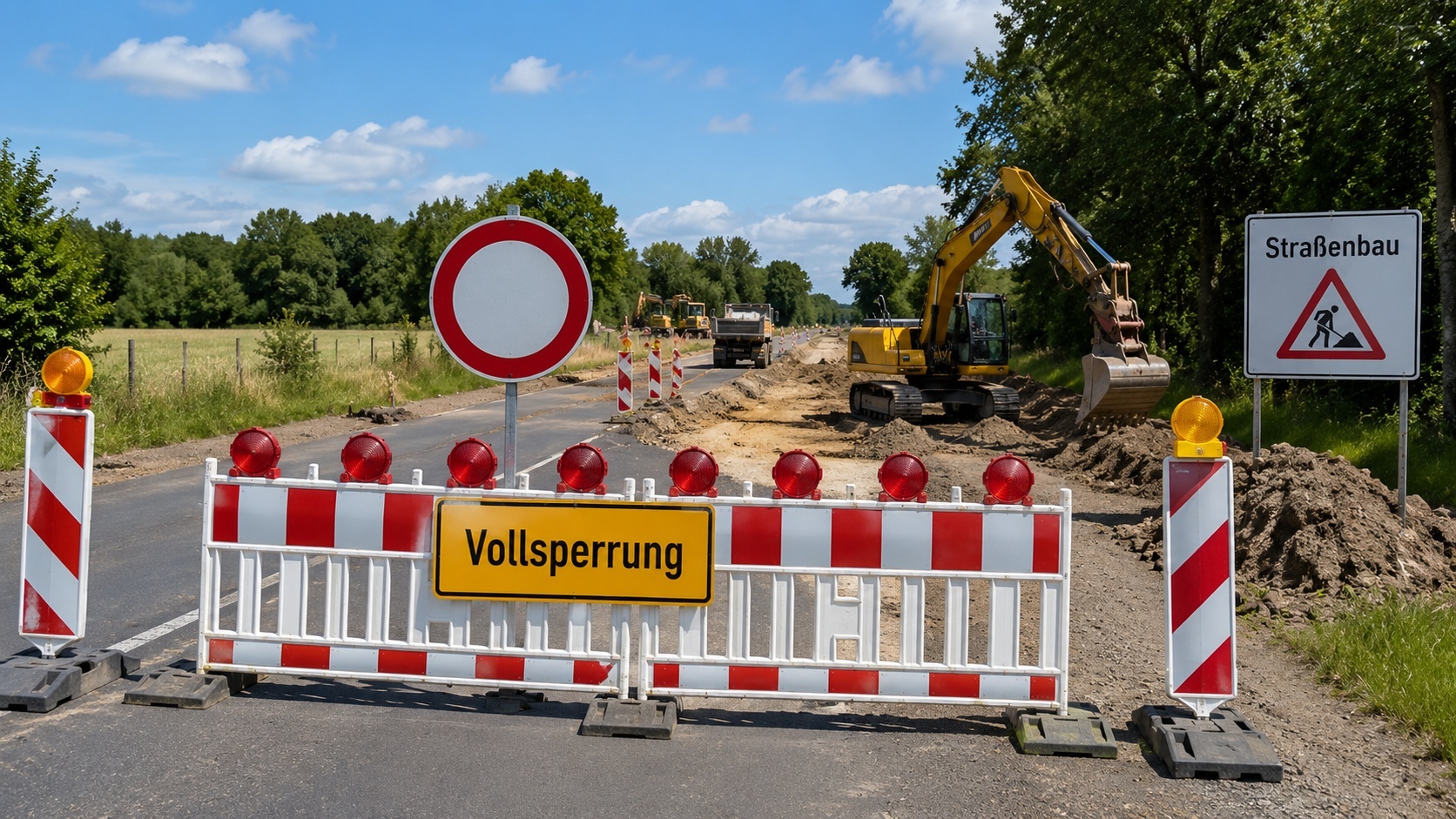 KI-generiert Symbolbild einer voll gesperrten Straße mit Baustelle und Baumaschinen. Die Sperrung erfolgt aufgrund von Straßenbauarbeiten zur Herstellung einer Linksabbiegerspur.