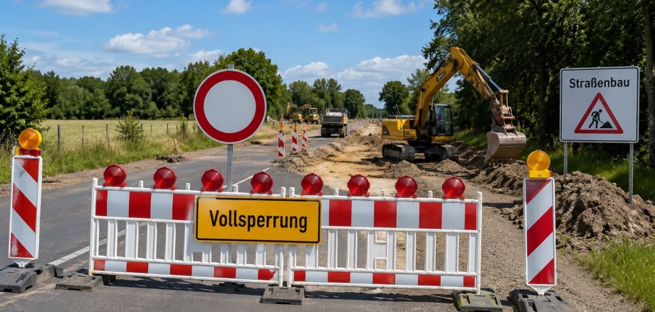 KI-generiert Symbolbild einer voll gesperrten Straße mit Baustelle und Baumaschinen. Die Sperrung erfolgt aufgrund von Straßenbauarbeiten zur Herstellung einer Linksabbiegerspur.