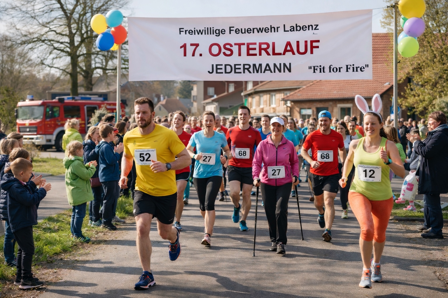 Mehrere Läuferinnen und Läufer starten gemeinsam bei einem Osterlauf in einem Dorf. Zuschauer stehen am Straßenrand und feuern die Teilnehmenden an. Über der Straße hängt ein Banner zum Osterlauf.