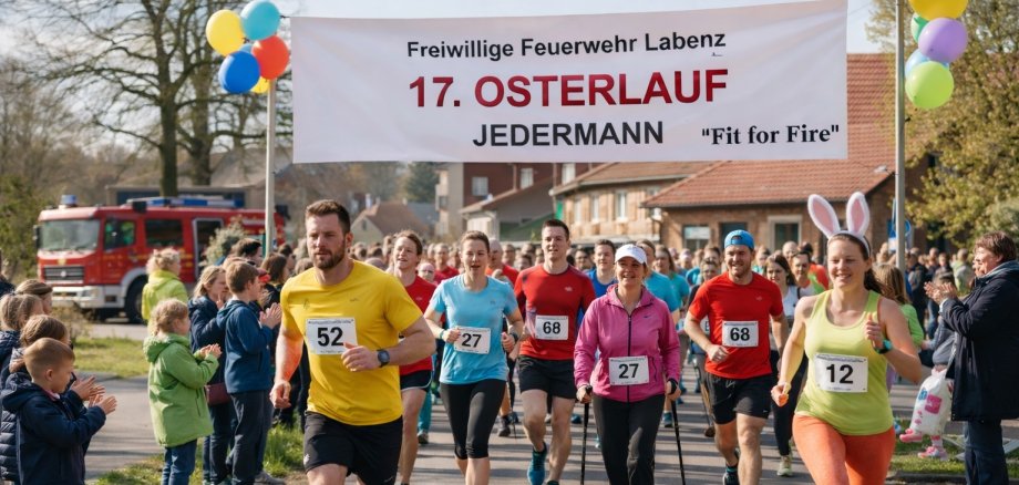 Mehrere Läuferinnen und Läufer starten gemeinsam bei einem Osterlauf in einem Dorf. Zuschauer stehen am Straßenrand und feuern die Teilnehmenden an. Über der Straße hängt ein Banner zum Osterlauf.