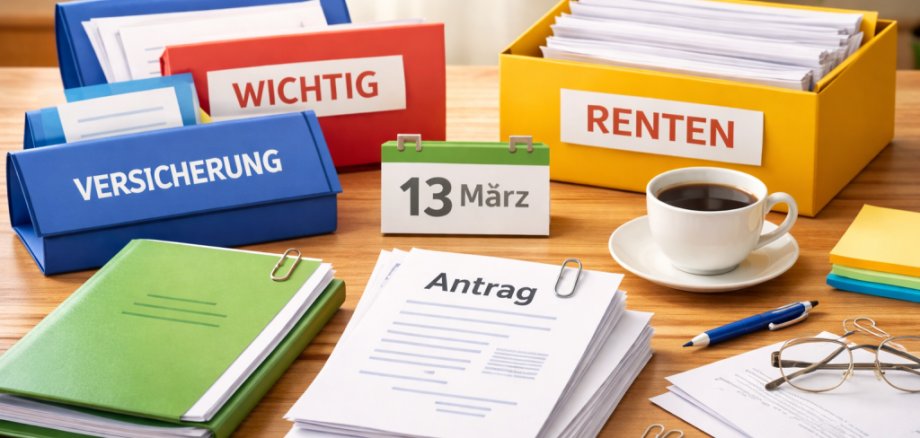 Sortierte Dokumente, beschriftete Ordner und ein Kalenderblatt mit dem Datum 13. März auf einem Schreibtisch