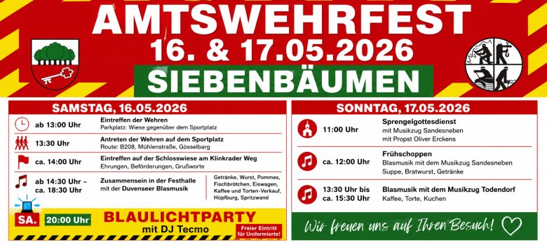 Veranstaltungsbanner zum Amtswehrfest 2026 in Siebenbäumen am 16. und 17. Mai 2026 mit Informationen zu Festumzug, Feier in der Festhalle, Blaulichtparty, Sprengelgottesdienst und Frühschoppen.