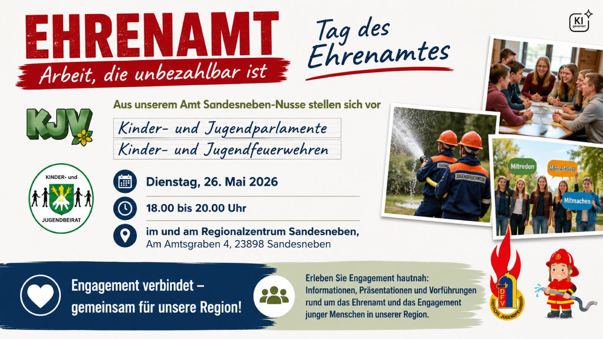 Informationsgrafik im Querformat zum „Tag des Ehrenamtes“. Auf dem Plakat stehen Datum, Uhrzeit und Veranstaltungsort der Veranstaltung am 26. Mai 2026 im Regionalzentrum Sandesneben. Vorgestellt werden Kinder- und Jugendparlamente sowie Kinder- und Jugendfeuerwehren aus dem Amt Sandesneben-Nusse. Ergänzend sind Fotos von Jugendlichen bei einer Besprechung, einer Übung der Jugendfeuerwehr sowie von jungen Menschen mit Mitmach-Schildern abgebildet. Zudem enthält die Grafik verschiedene Logos und den Slogan „Engagement verbindet – gemeinsam für unsere Region!“