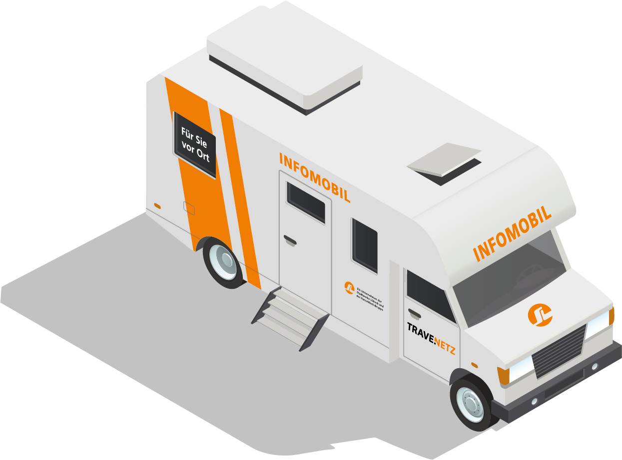 Isometrische Illustration eines weißen Infomobils mit orangefarbenen Streifen und der Aufschrift „INFOMOBIL“. An der Seite befindet sich eine ausgeklappte Treppe sowie der Hinweis „Für Sie vor Ort“.