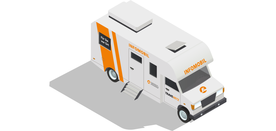 Isometrische Illustration eines weißen Infomobils mit orangefarbenen Streifen und der Aufschrift „INFOMOBIL“. An der Seite befindet sich eine ausgeklappte Treppe sowie der Hinweis „Für Sie vor Ort“.