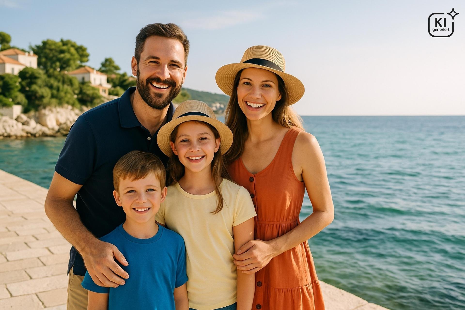 Vierköpfige Familie steht an einer Uferpromenade vor dem Meer; zwei Erwachsene und zwei Kinder blicken lächelnd in die Kamera, im Hintergrund Küste mit Häusern.