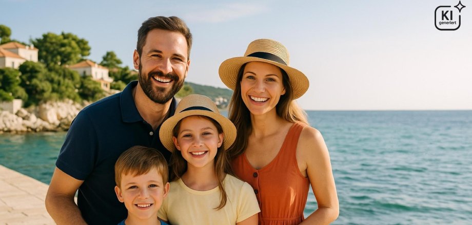 Vierköpfige Familie steht an einer Uferpromenade vor dem Meer; zwei Erwachsene und zwei Kinder blicken lächelnd in die Kamera, im Hintergrund Küste mit Häusern.