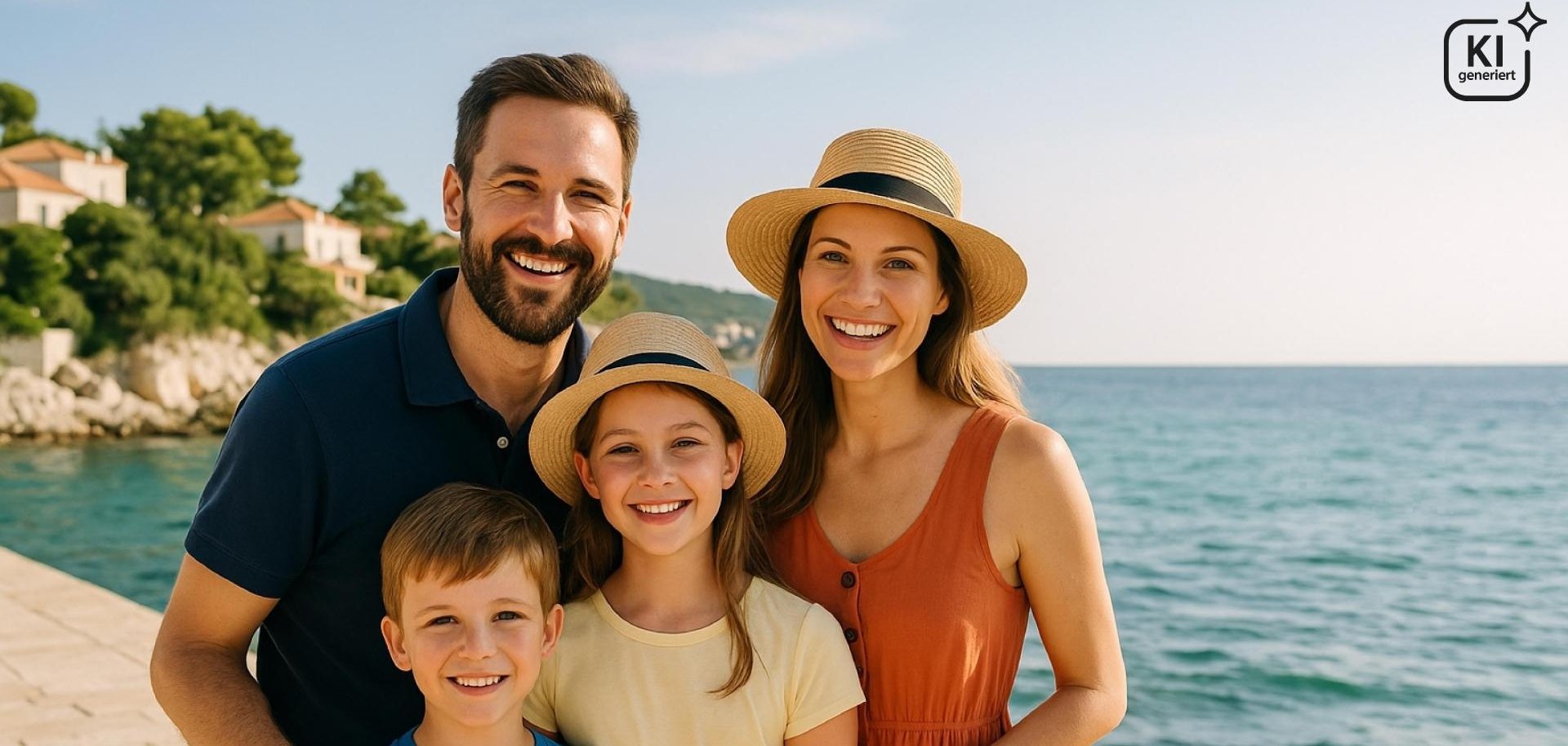 Vierköpfige Familie steht an einer Uferpromenade vor dem Meer; zwei Erwachsene und zwei Kinder blicken lächelnd in die Kamera, im Hintergrund Küste mit Häusern.