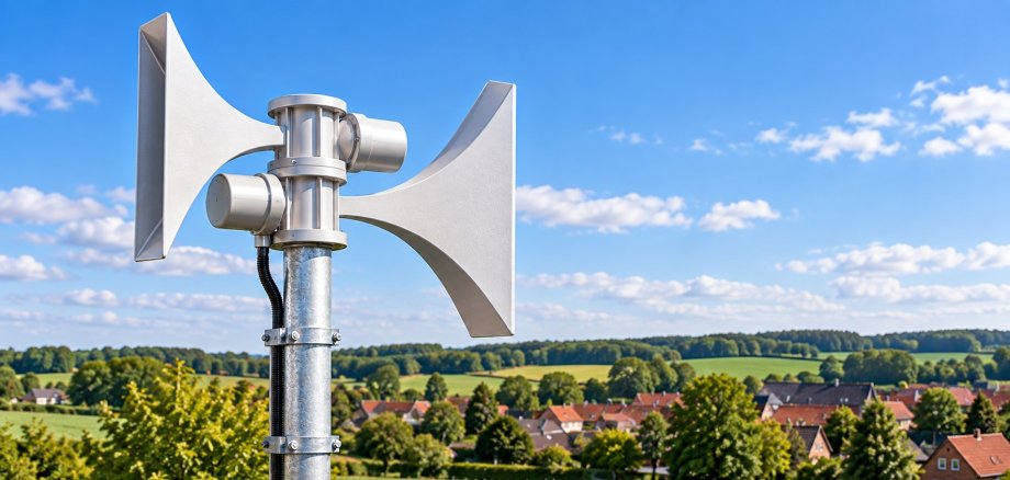 Moderne Sirenenanlage zur Warnung der Bevölkerung vor einer ländlichen Ortskulisse.