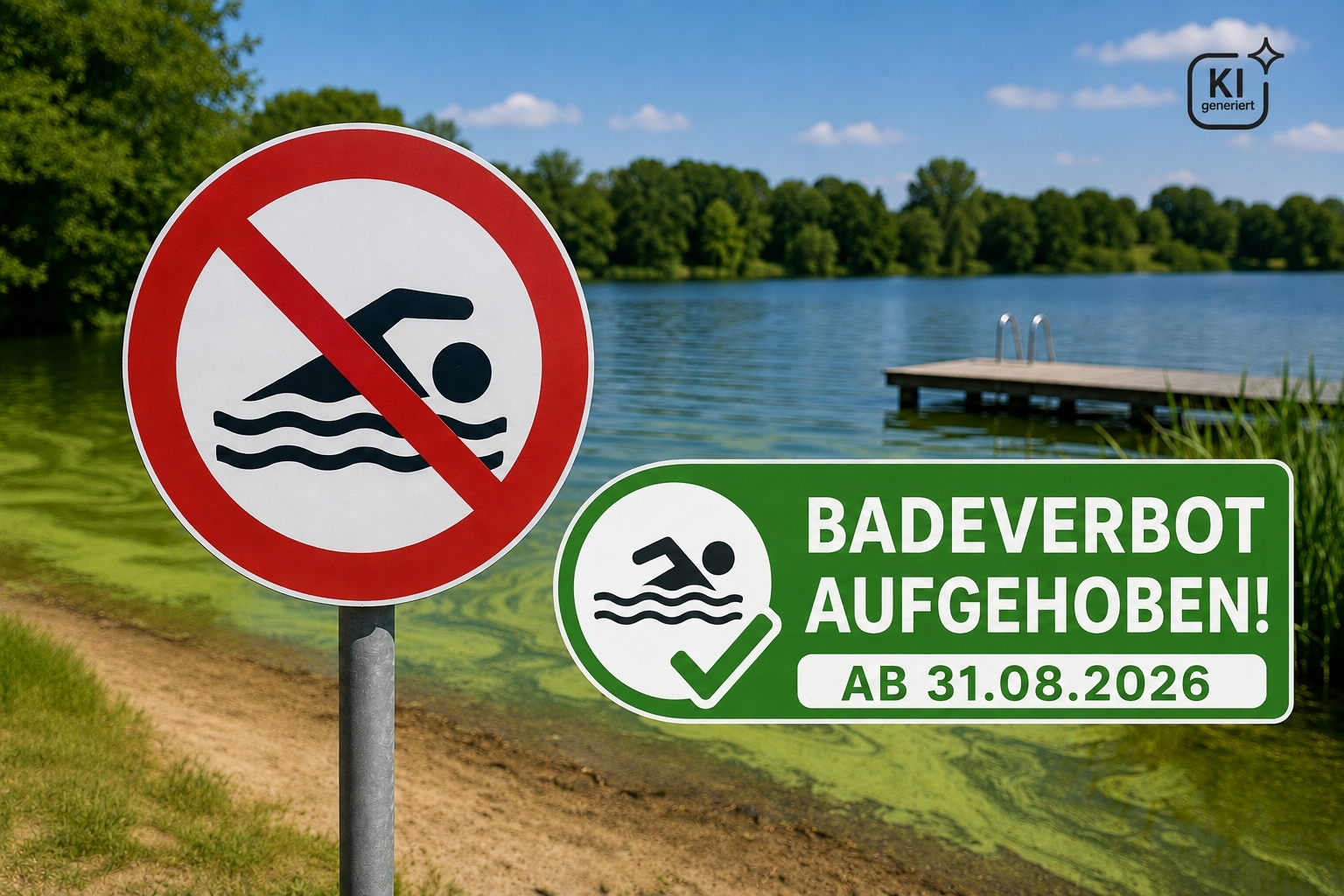 Ein Badeverbotsschild steht am Ufer eines Sees. Im flachen Wasser sind grünliche Blaualgen deutlich zu erkennen. Im Hintergrund befinden sich ein Badesteg und ein bewaldetes Ufer bei sonnigem Wetter. Das Bild weist auf ein vorübergehendes Badeverbot wegen Blaualgen hin. Ein Hinweis mit der Aufhebung zum 31.08. ist dort vermerkt.