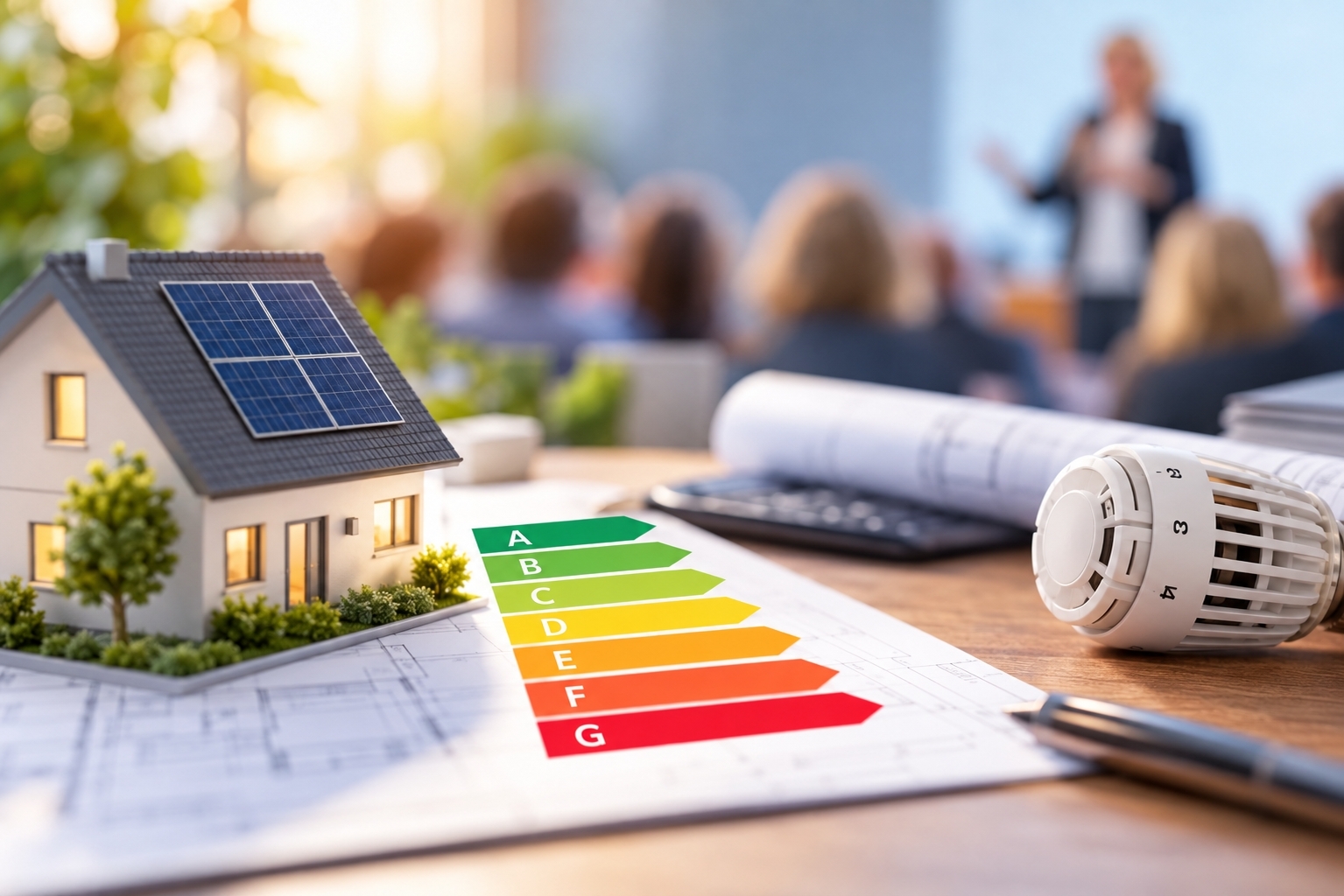 Symbolbild zur Energieberatung: Wohnhaus mit Solaranlage, Energieeffizienzskala und Heizkörperthermostat vor einer Vortragsveranstaltung.