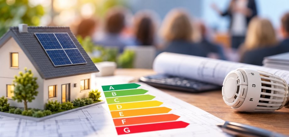 Symbolbild zur Energieberatung: Wohnhaus mit Solaranlage, Energieeffizienzskala und Heizkörperthermostat vor einer Vortragsveranstaltung.