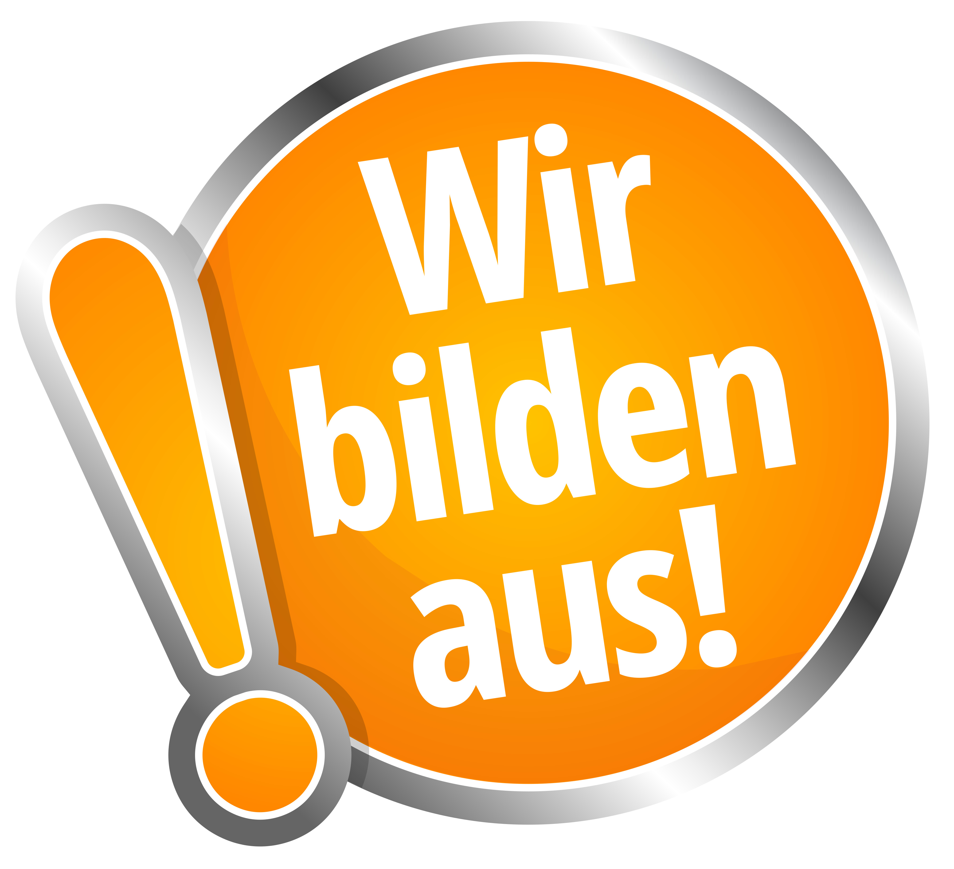Wir bilden aus! Orangefarbenes rundes Symbol mit Ausrufezeichen und dem Text: Wir bilden aus!