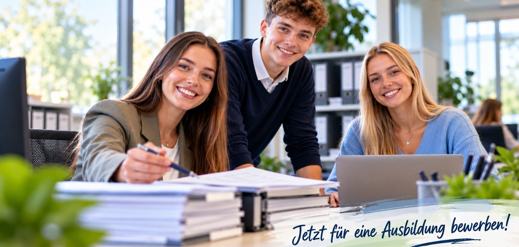 Drei junge Erwachsene sitzen gemeinsam in einem hellen Büro an einem Schreibtisch mit Unterlagen und einem Laptop. Alle drei lächeln in die Kamera. Im unteren rechten Bildbereich steht der Schriftzug „Jetzt für eine Ausbildung bewerben!"