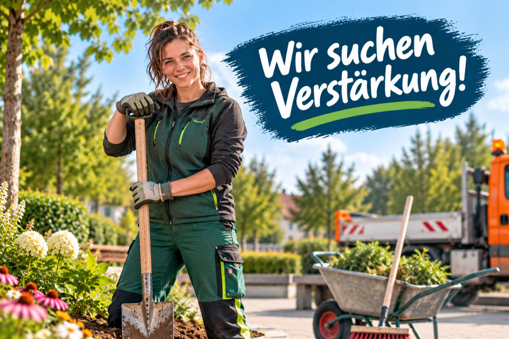 Bauhofmitarbeiterin mit Spaten bei der Pflege einer Grünanlage; im Hintergrund stehen Arbeitsgeräte und ein Bauhoffahrzeug. Im Bild steht: ‚Wir suchen Verstärkung!