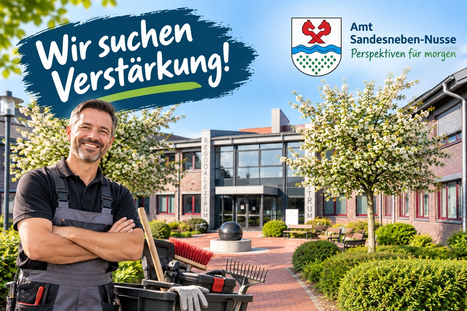 Hausmeister vor dem Amt Sandesneben-Nusse mit Werkzeug. Im Hintergrund das Amtsgebäude. Im Bild stehen ‚Wir suchen Verstärkung!‘ sowie ‚Amt Sandesneben-Nusse – Perspektiven für morgen.