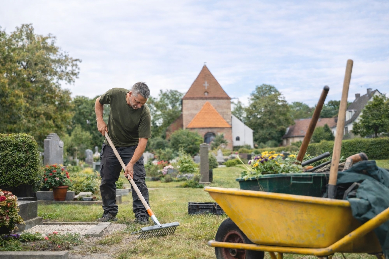KI-generiertes Bild Ein Friedhofsgärtner arbeitet auf einer gepflegten Friedhofsanlage und harkt Kies auf einem Grab, während im Hintergrund eine Kirche und weitere Grabstätten zu sehen sind. Im Vordergrund steht eine Schubkarre mit Gartenwerkzeug und Blumen.