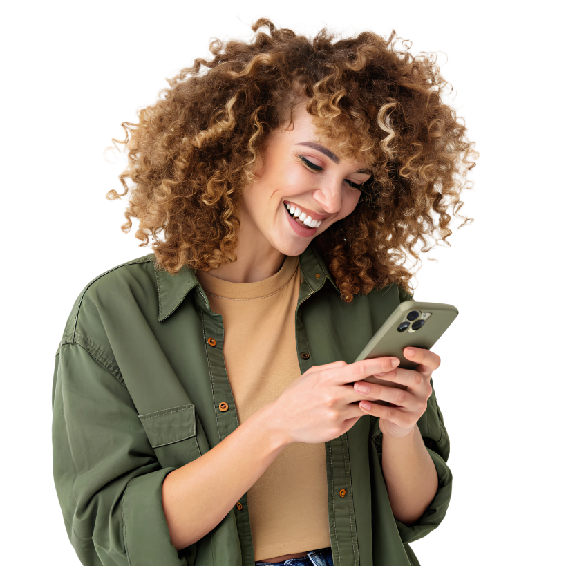 Lachende Person schaut auf ihr Smartphone und tippt darauf.