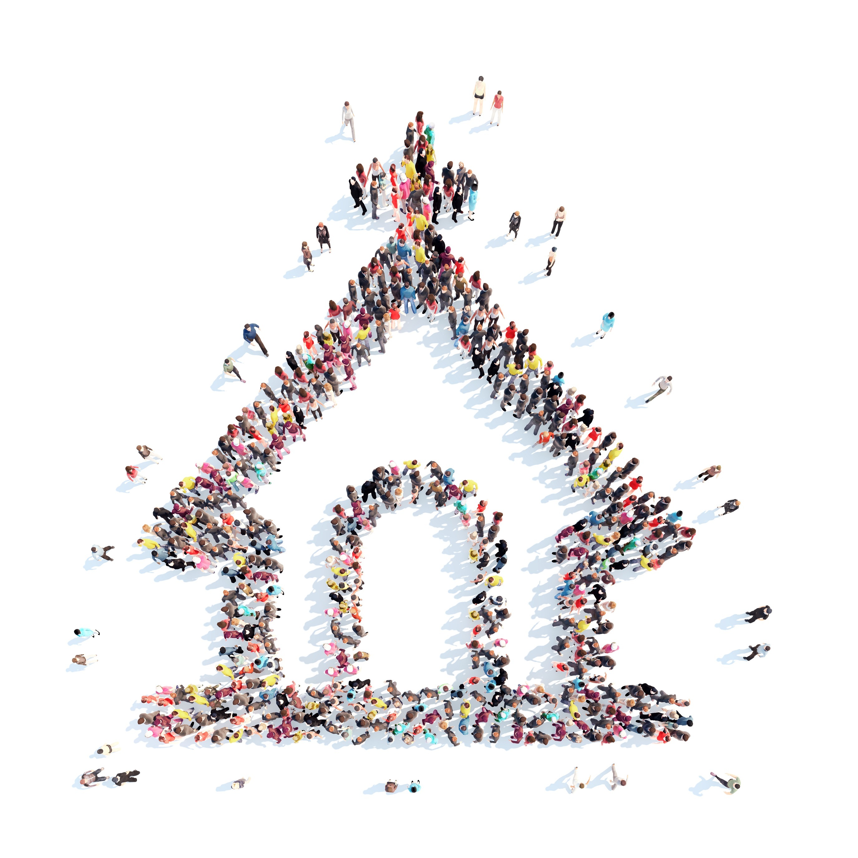 Bild von oben, viele Menschen die ein Bild einer Kirche darstellen.  