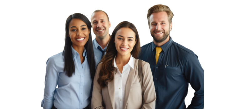 Gruppe Gruppe von vier freundlich wirkenden Menschen in Büro- oder Verwaltungskleidung, die gemeinsam in die Kamera lächeln.