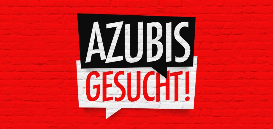 Rechteckige Sprechblase "Azubis gesucht" auf rotem Hintergrund. 