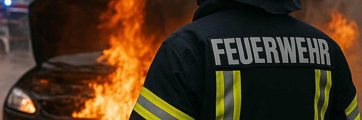 Feuerwehrmann mit Helm und Schlauch löscht brennendes Auto vor einem Wohnhaus.