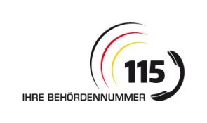 115 Logo 115-Logo: Die Zahl 115 ist von zwei stilisierten Klammern in den Farben Schwarz, Rot und Gold eingerahmt. Darunter steht der Schriftzug „Ihre Behördennummer“.