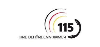 115 Logo 115-Logo: Die Zahl 115 ist von zwei stilisierten Klammern in den Farben Schwarz, Rot und Gold eingerahmt. Darunter steht der Schriftzug „Ihre Behördennummer“.