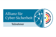 Logo der „Allianz für Cyber-Sicherheit“ mit dem Schriftzug „Teilnehmer“. Rechts daneben ein stilisiertes Symbol, das ein Netzwerk aus verbundenen Punkten und halbrunde Linien in den Farben Schwarz, Rot und Gold zeigt – als Hinweis auf digitale Vernetzung und IT-Sicherheit in Deutschland.